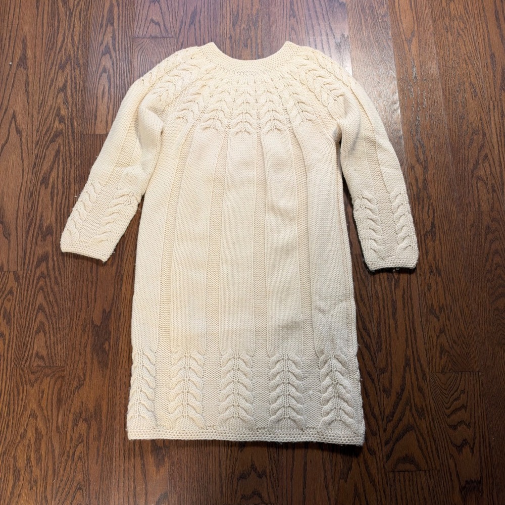 LeRoy Knitwear Vintage 100% Wool Cable Knit Sweater Dress Cream Ivory Small